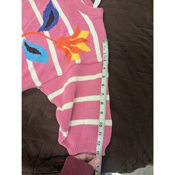 VINTAGE 1980s Short sleeve pink & white striped sweater w/floral graphic knit S - Picture 7 of 8